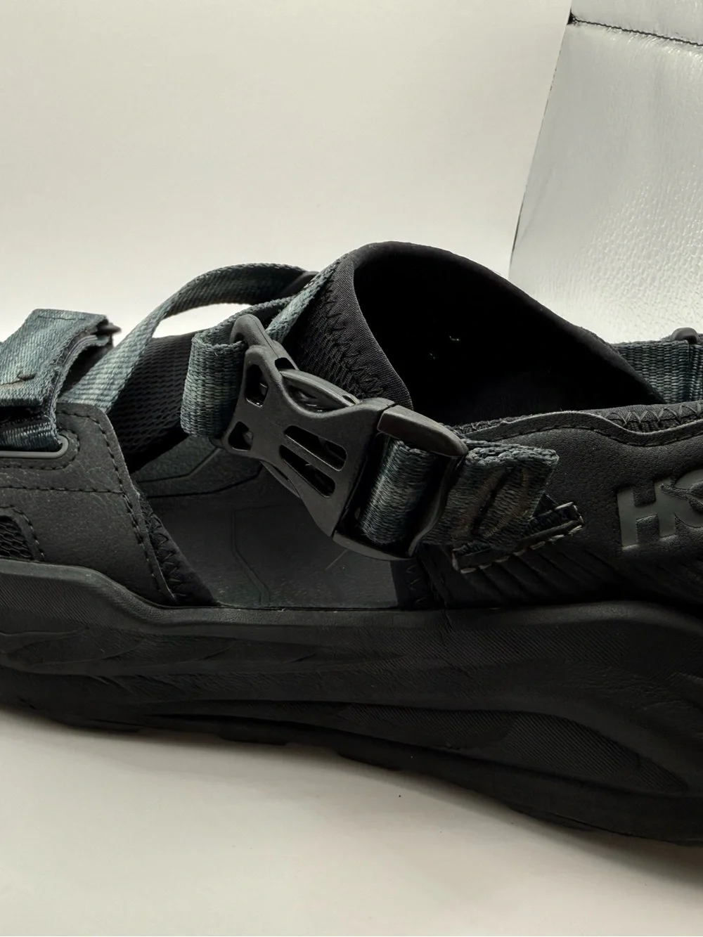 Hoka men’s infini Casual Strappy Sport Sandals in Black with Blue Straps